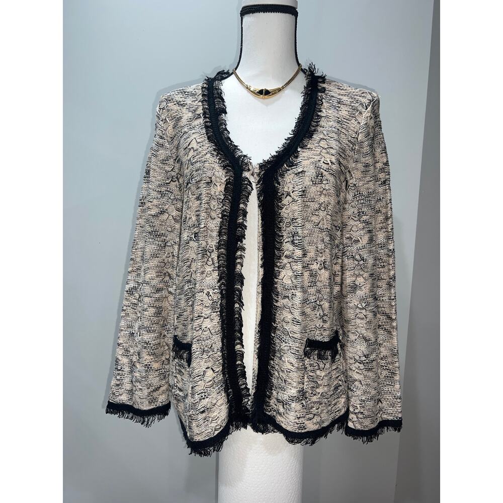 Nic+Zoe Black Beige Textured Open Cardigan Sweater Fringe Trim Size XL Sale!!